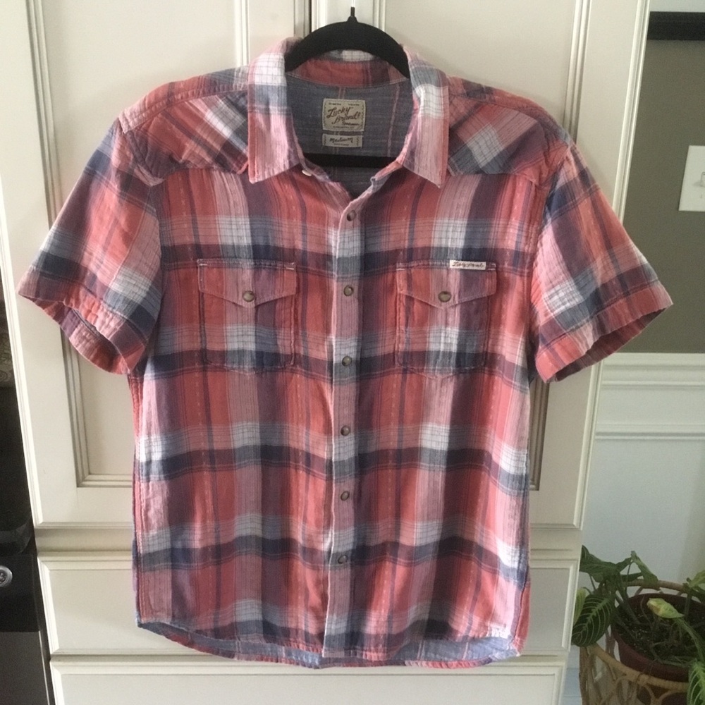 Men’s Lucky Brand Western Style Plaid Short Sleeve Shirt Red And Blue Size M
